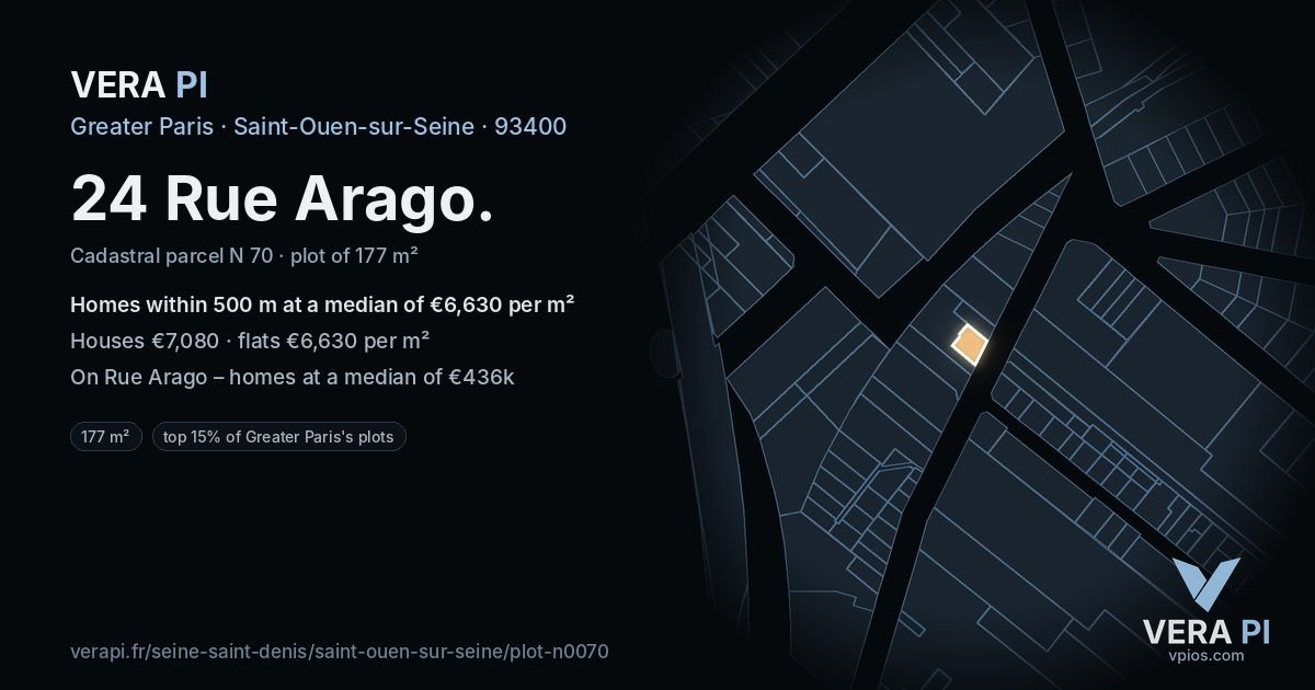 24 Rue Arago, Saint-Ouen-sur-Seine at night – the plot lit, the parcels around coloured by the prices near them