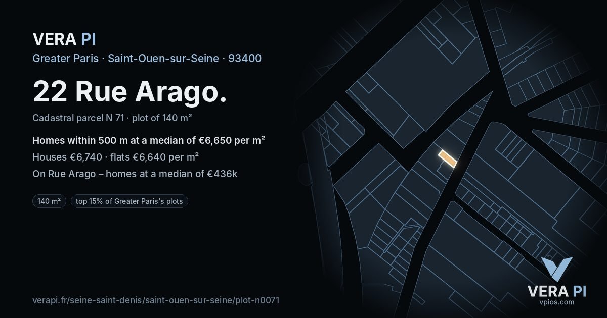 22 Rue Arago, Saint-Ouen-sur-Seine at night – the plot lit, the parcels around coloured by the prices near them