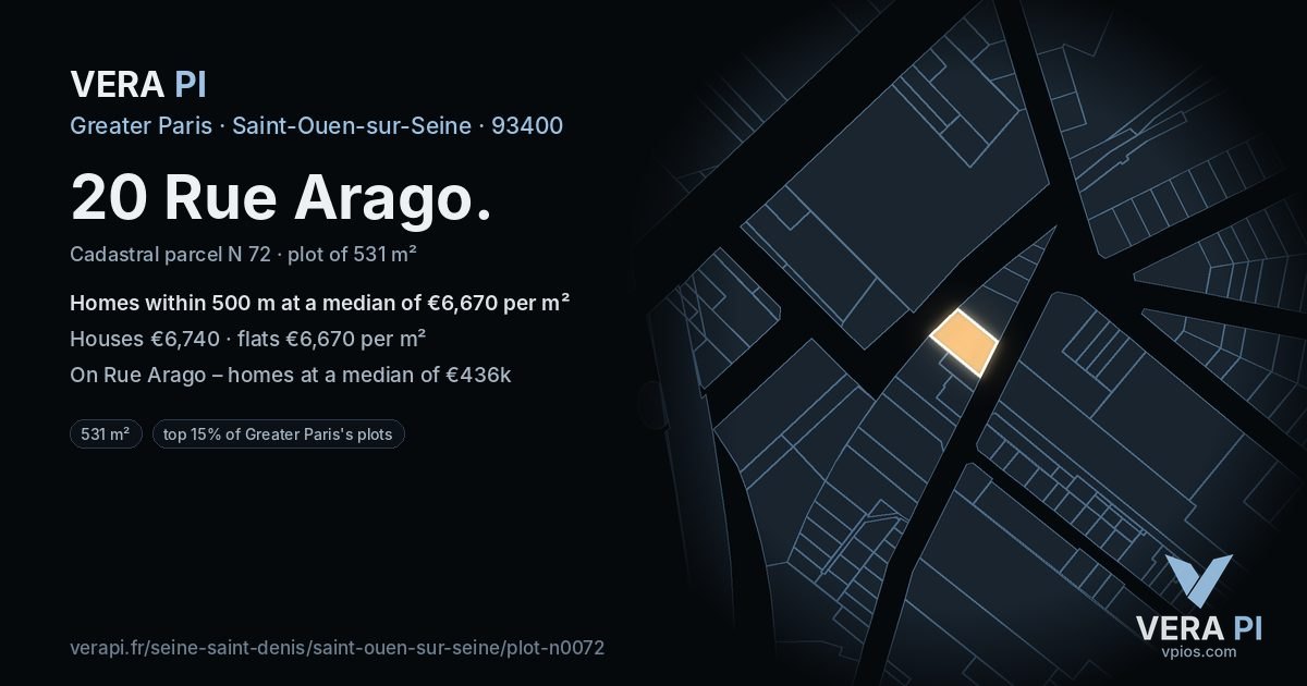 20 Rue Arago, Saint-Ouen-sur-Seine at night – the plot lit, the parcels around coloured by the prices near them