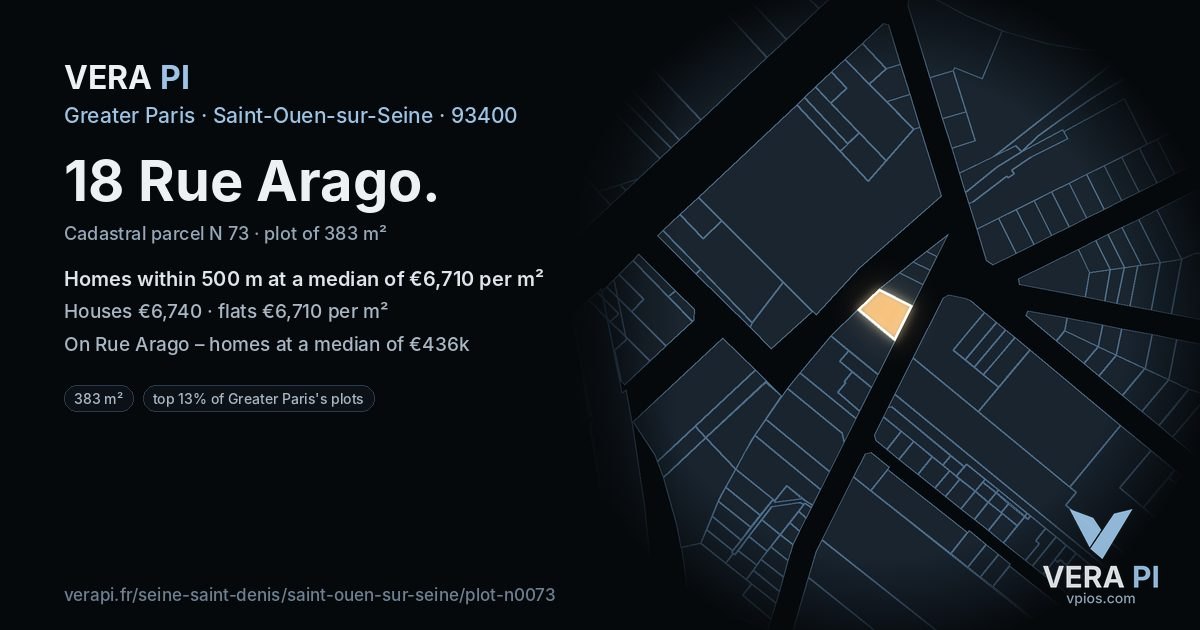 18 Rue Arago, Saint-Ouen-sur-Seine at night – the plot lit, the parcels around coloured by the prices near them