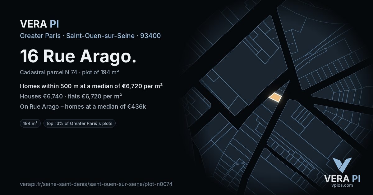 16 Rue Arago, Saint-Ouen-sur-Seine at night – the plot lit, the parcels around coloured by the prices near them