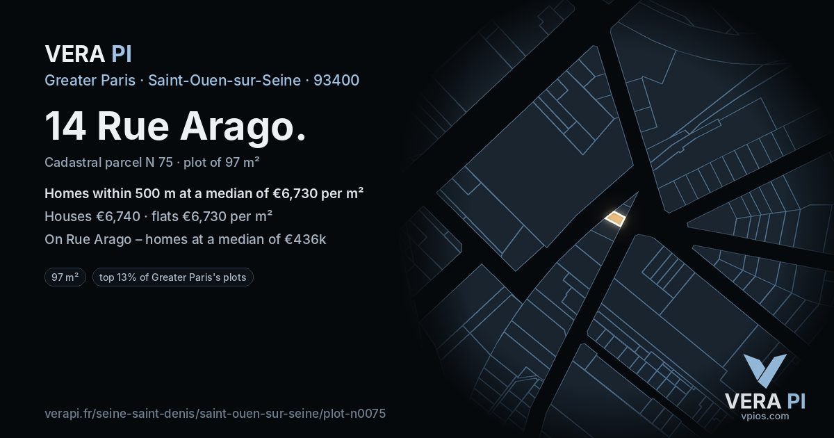 14 Rue Arago, Saint-Ouen-sur-Seine at night – the plot lit, the parcels around coloured by the prices near them