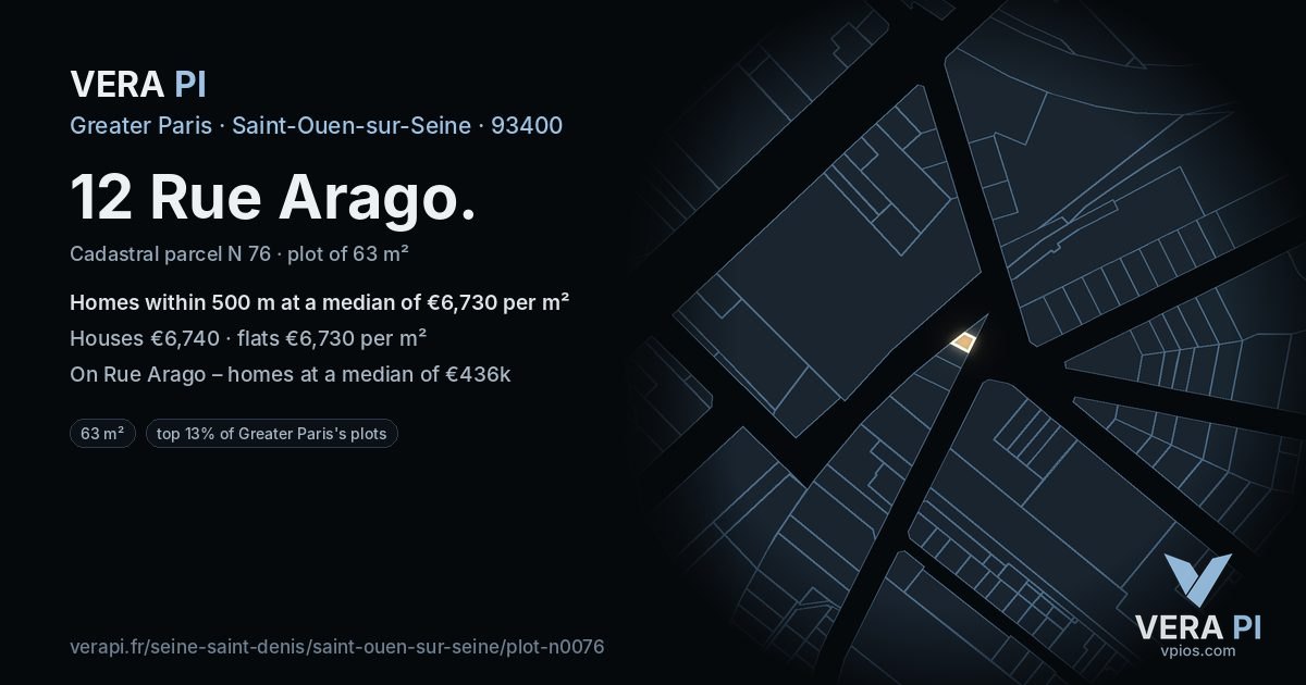 12 Rue Arago, Saint-Ouen-sur-Seine at night – the plot lit, the parcels around coloured by the prices near them