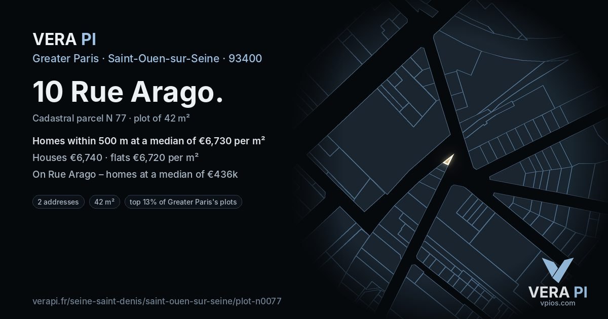 10 Rue Arago, Saint-Ouen-sur-Seine at night – the plot lit, the parcels around coloured by the prices near them