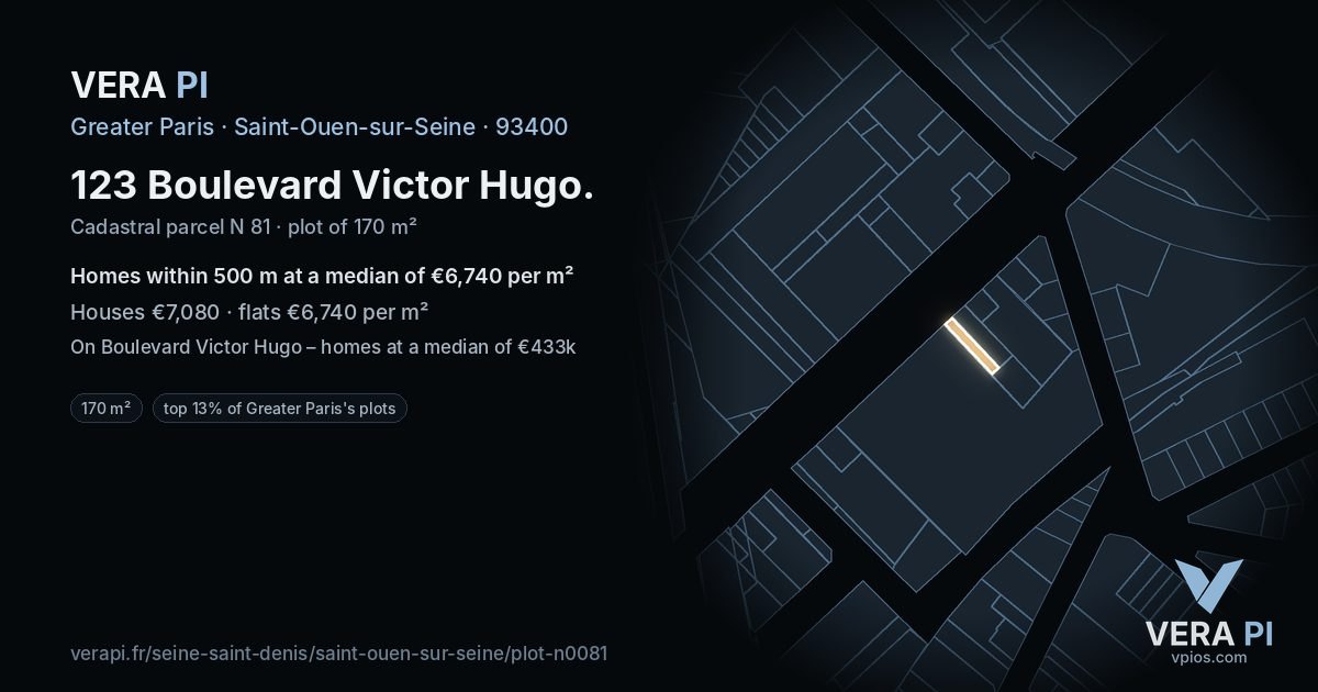 123 Boulevard Victor Hugo, Saint-Ouen-sur-Seine at night – the plot lit, the parcels around coloured by the prices near them