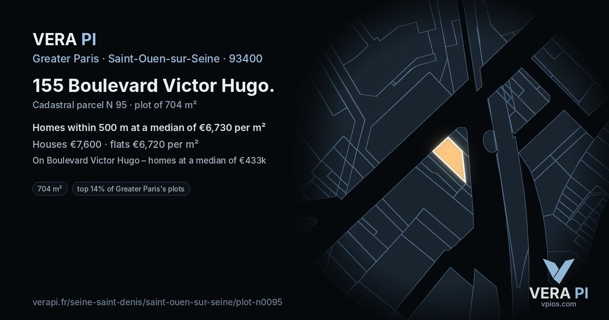 155 Boulevard Victor Hugo, Saint-Ouen-sur-Seine at night – the plot lit, the parcels around coloured by the prices near them
