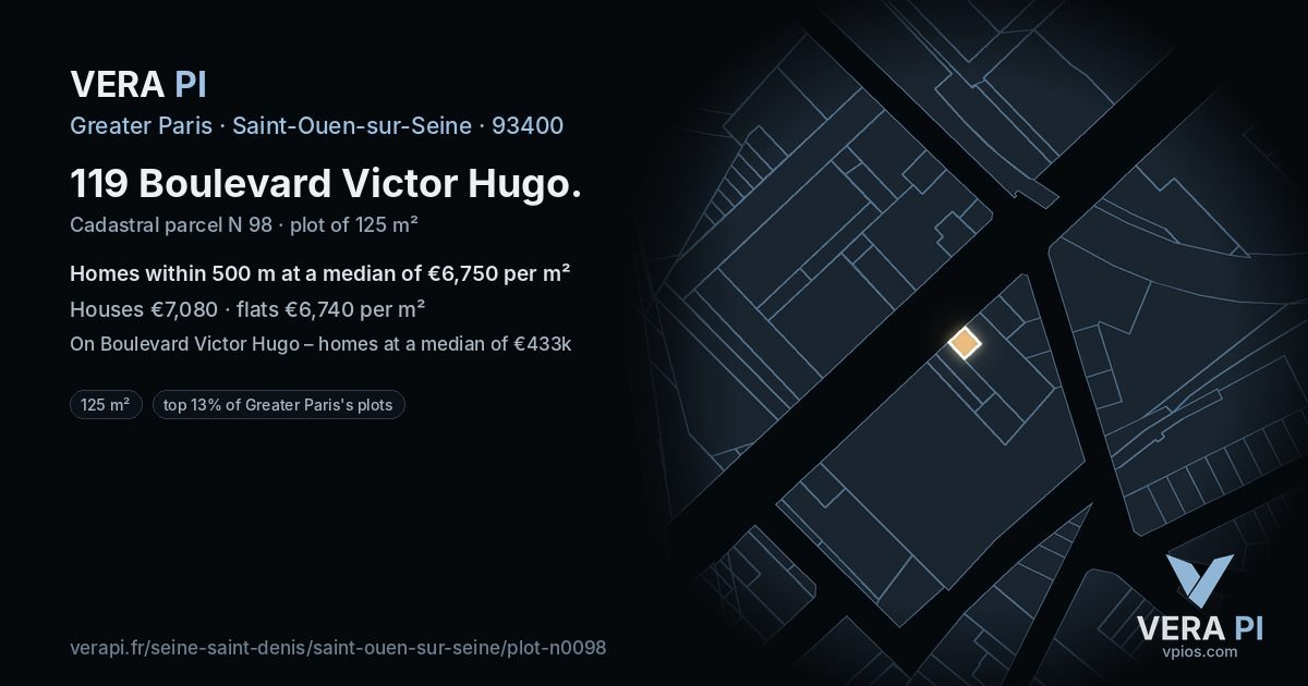 119 Boulevard Victor Hugo, Saint-Ouen-sur-Seine at night – the plot lit, the parcels around coloured by the prices near them