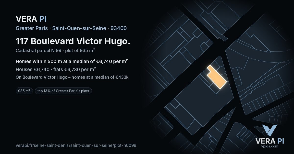 117 Boulevard Victor Hugo, Saint-Ouen-sur-Seine at night – the plot lit, the parcels around coloured by the prices near them