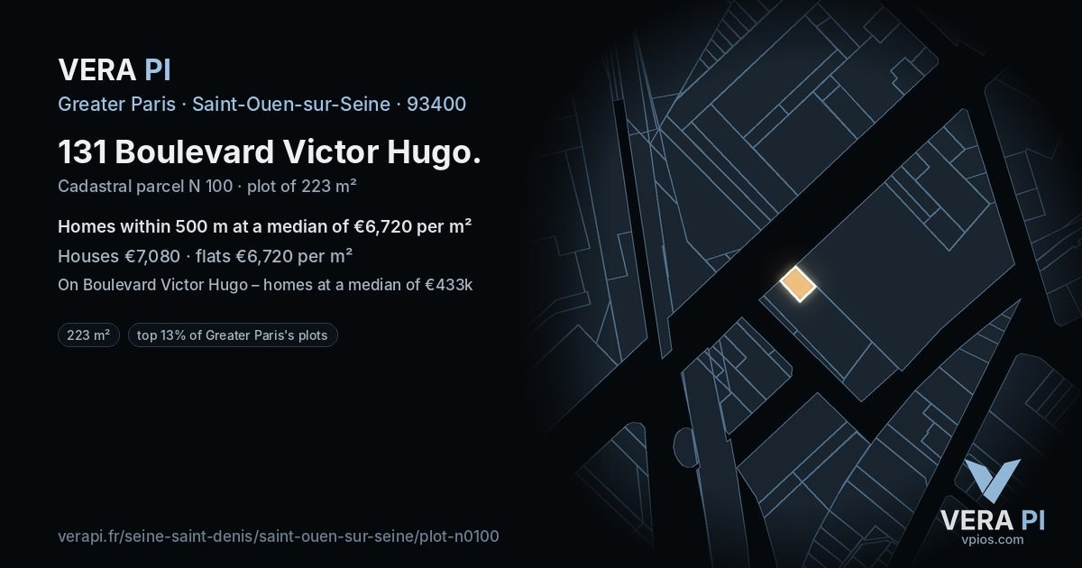 131 Boulevard Victor Hugo, Saint-Ouen-sur-Seine at night – the plot lit, the parcels around coloured by the prices near them