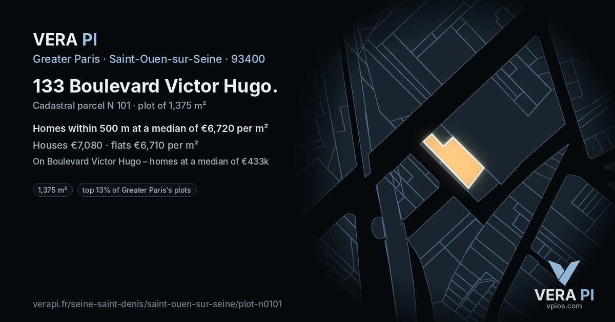 133 Boulevard Victor Hugo, Saint-Ouen-sur-Seine at night – the plot lit, the parcels around coloured by the prices near them