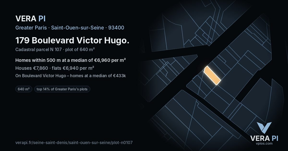 179 Boulevard Victor Hugo, Saint-Ouen-sur-Seine at night – the plot lit, the parcels around coloured by the prices near them