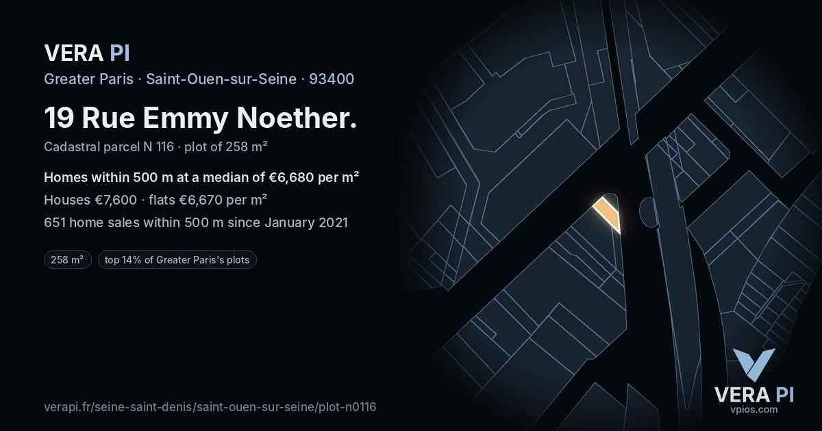 19 Rue Emmy Noether, Saint-Ouen-sur-Seine at night – the plot lit, the parcels around coloured by the prices near them