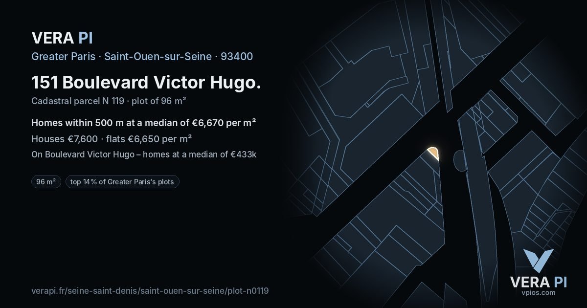 151 Boulevard Victor Hugo, Saint-Ouen-sur-Seine at night – the plot lit, the parcels around coloured by the prices near them
