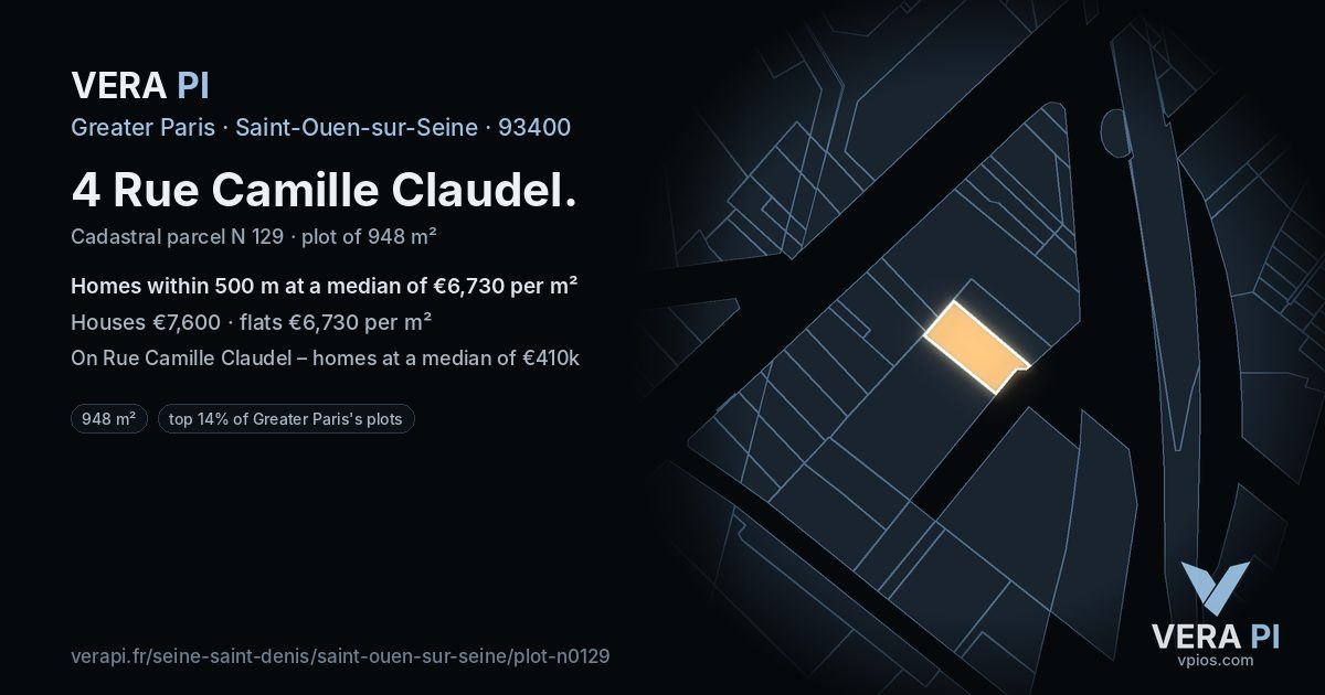 4 Rue Camille Claudel, Saint-Ouen-sur-Seine at night – the plot lit, the parcels around coloured by the prices near them