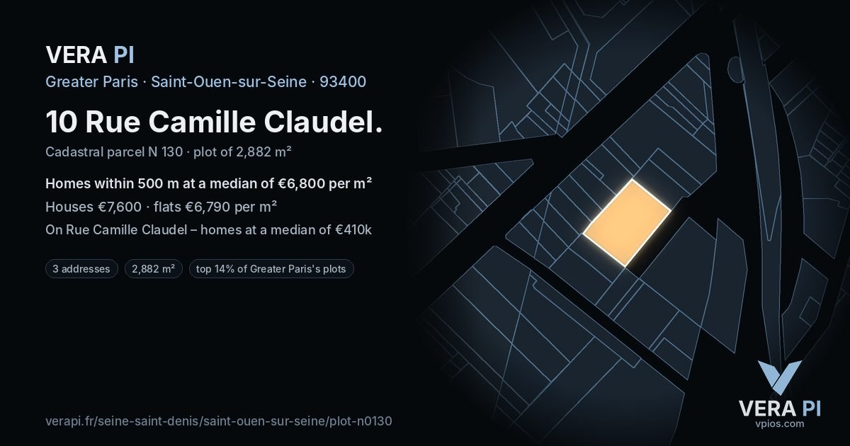 10 Rue Camille Claudel, Saint-Ouen-sur-Seine at night – the plot lit, the parcels around coloured by the prices near them
