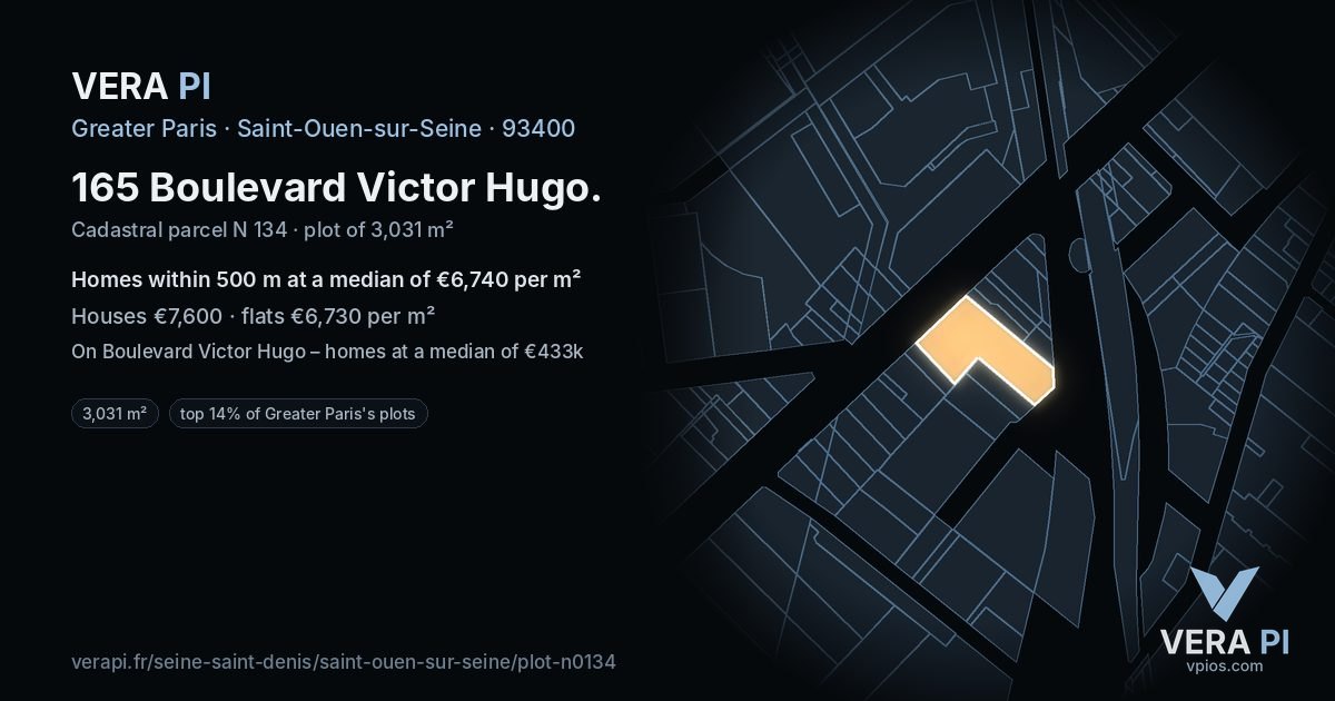 165 Boulevard Victor Hugo, Saint-Ouen-sur-Seine at night – the plot lit, the parcels around coloured by the prices near them