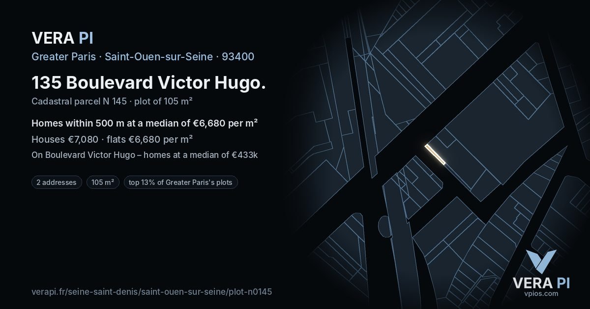 135 Boulevard Victor Hugo, Saint-Ouen-sur-Seine at night – the plot lit, the parcels around coloured by the prices near them