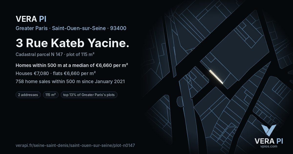 3 Rue Kateb Yacine, Saint-Ouen-sur-Seine at night – the plot lit, the parcels around coloured by the prices near them