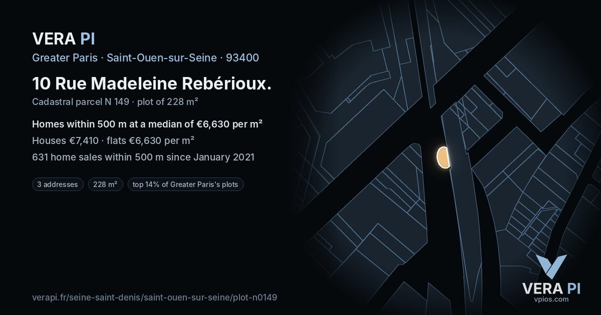10 Rue Madeleine Rebérioux, Saint-Ouen-sur-Seine at night – the plot lit, the parcels around coloured by the prices near them