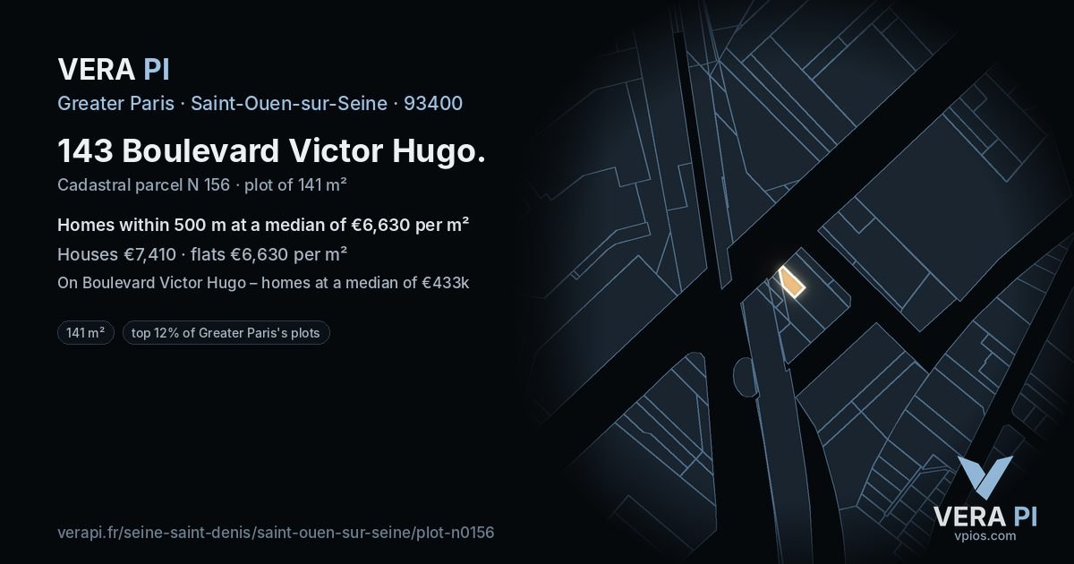 143 Boulevard Victor Hugo, Saint-Ouen-sur-Seine at night – the plot lit, the parcels around coloured by the prices near them