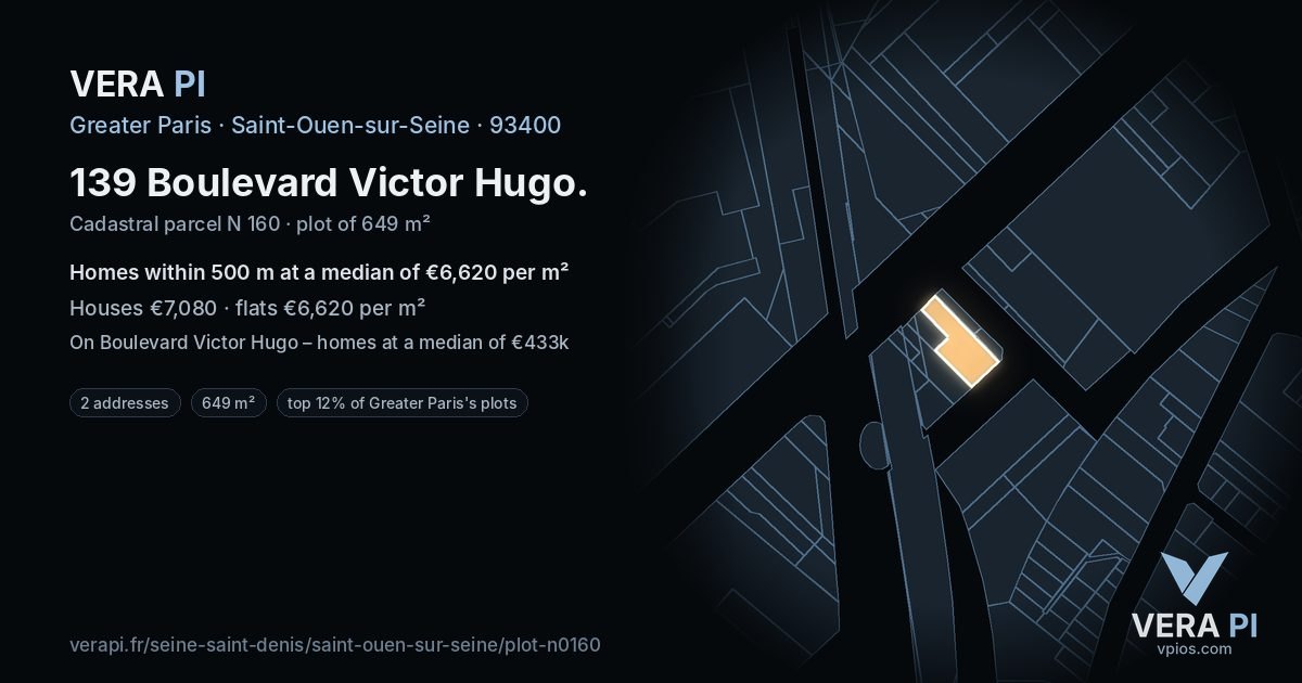 139 Boulevard Victor Hugo, Saint-Ouen-sur-Seine at night – the plot lit, the parcels around coloured by the prices near them