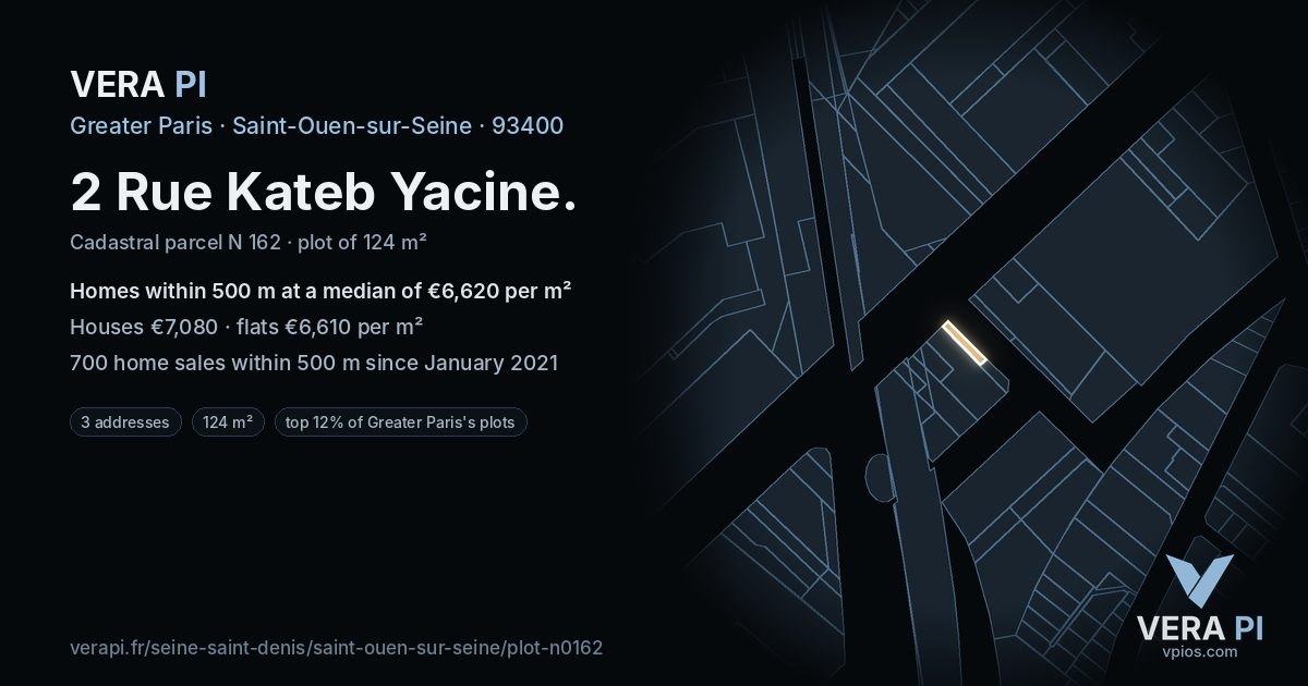 2 Rue Kateb Yacine, Saint-Ouen-sur-Seine at night – the plot lit, the parcels around coloured by the prices near them