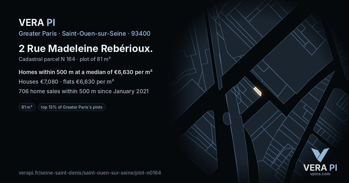 2 Rue Madeleine Rebérioux, Saint-Ouen-sur-Seine at night – the plot lit, the parcels around coloured by the prices near them
