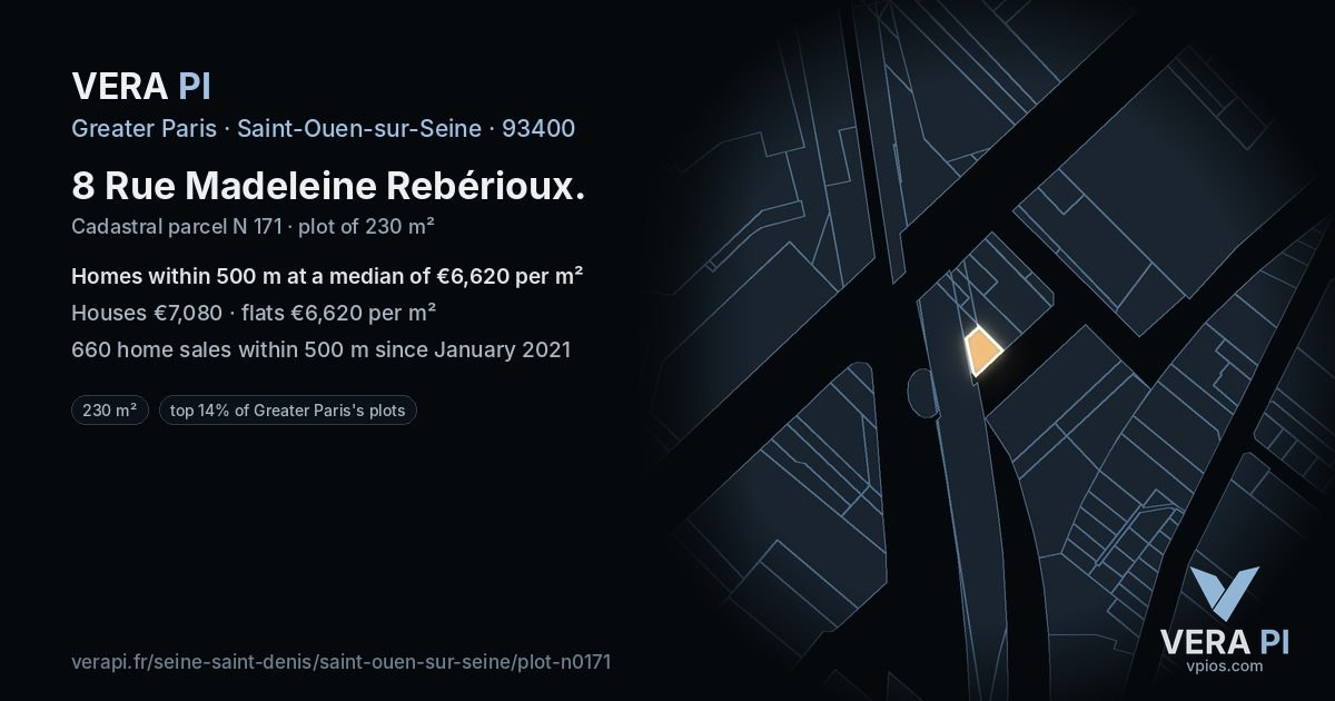 8 Rue Madeleine Rebérioux, Saint-Ouen-sur-Seine at night – the plot lit, the parcels around coloured by the prices near them
