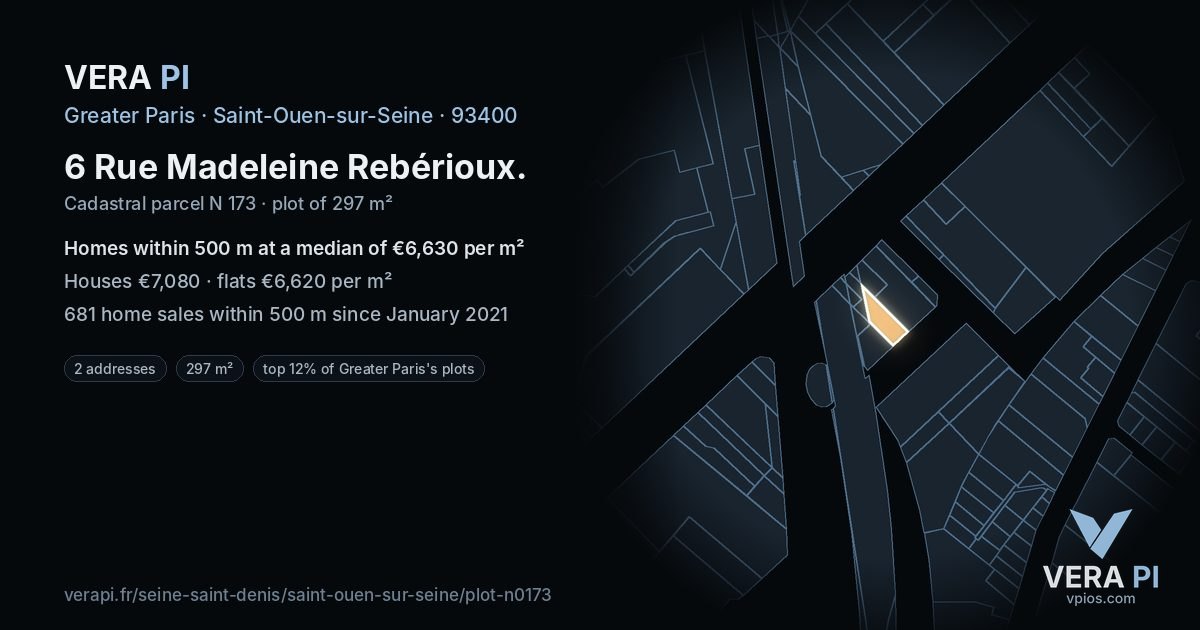 6 Rue Madeleine Rebérioux, Saint-Ouen-sur-Seine at night – the plot lit, the parcels around coloured by the prices near them