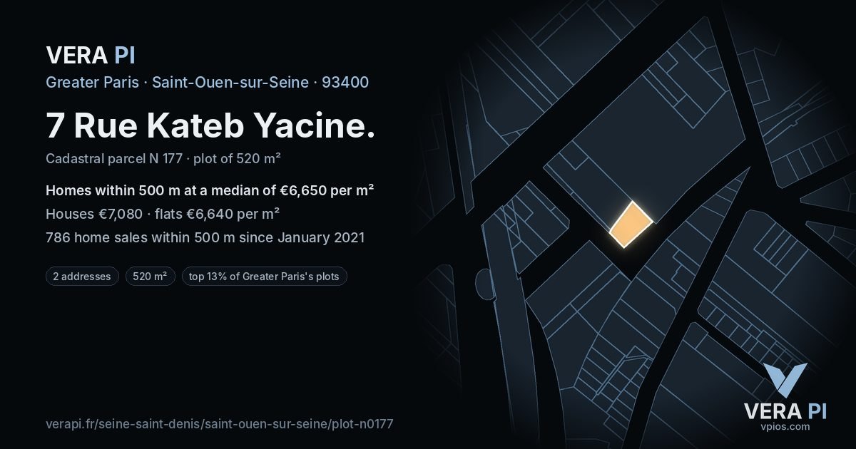 7 Rue Kateb Yacine, Saint-Ouen-sur-Seine at night – the plot lit, the parcels around coloured by the prices near them