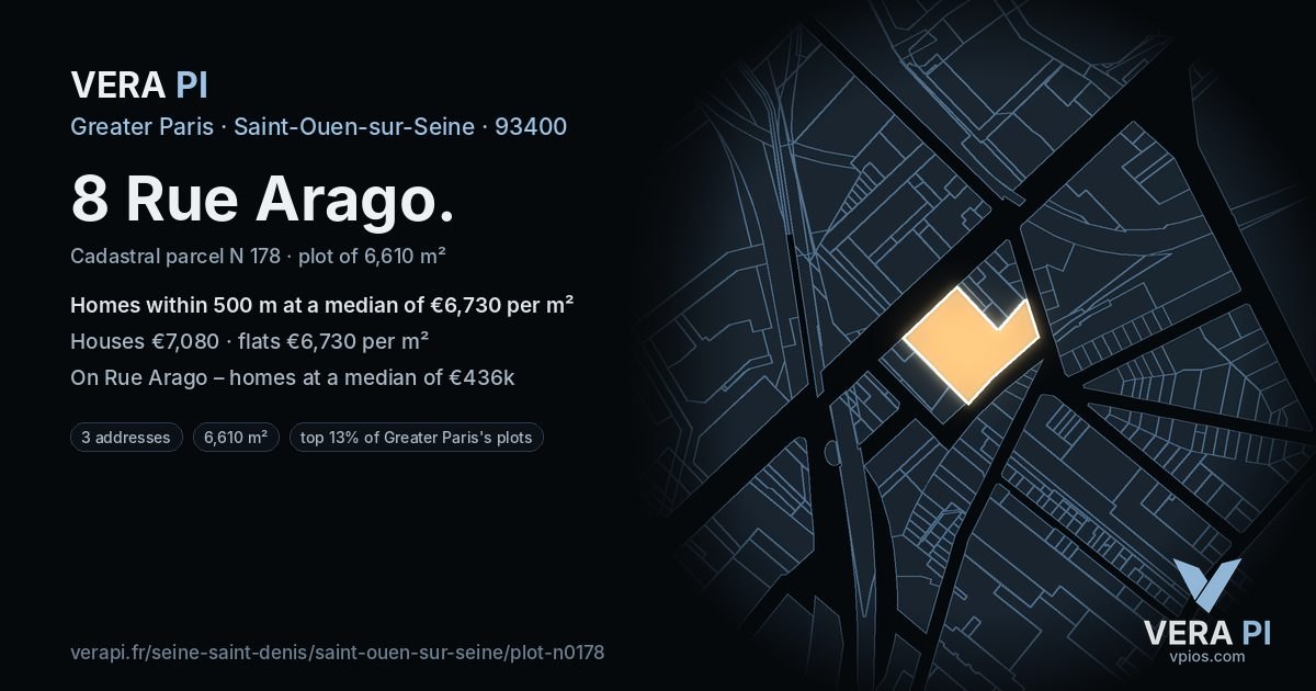 8 Rue Arago, Saint-Ouen-sur-Seine at night – the plot lit, the parcels around coloured by the prices near them