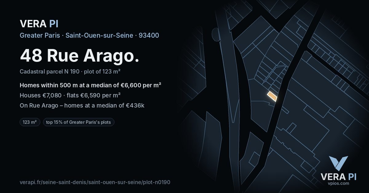 48 Rue Arago, Saint-Ouen-sur-Seine at night – the plot lit, the parcels around coloured by the prices near them