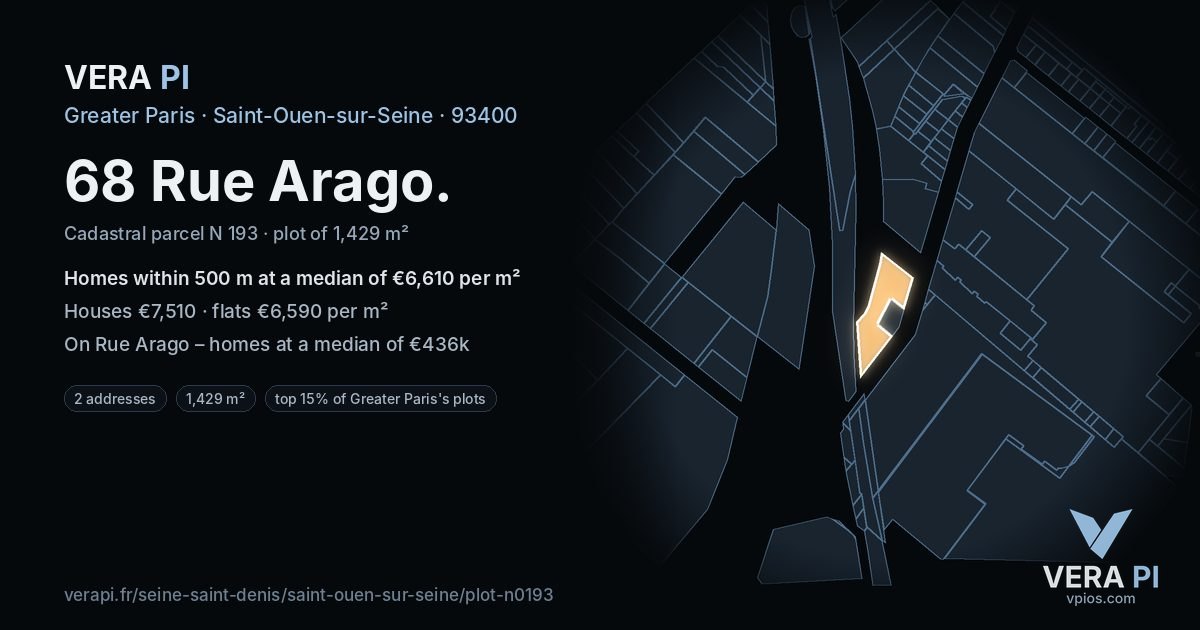 68 Rue Arago, Saint-Ouen-sur-Seine at night – the plot lit, the parcels around coloured by the prices near them