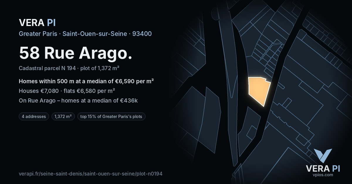 58 Rue Arago, Saint-Ouen-sur-Seine at night – the plot lit, the parcels around coloured by the prices near them
