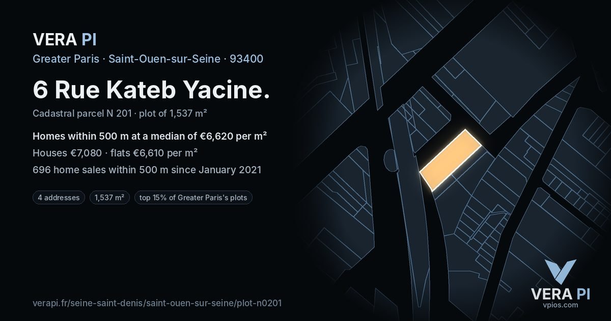 6 Rue Kateb Yacine, Saint-Ouen-sur-Seine at night – the plot lit, the parcels around coloured by the prices near them
