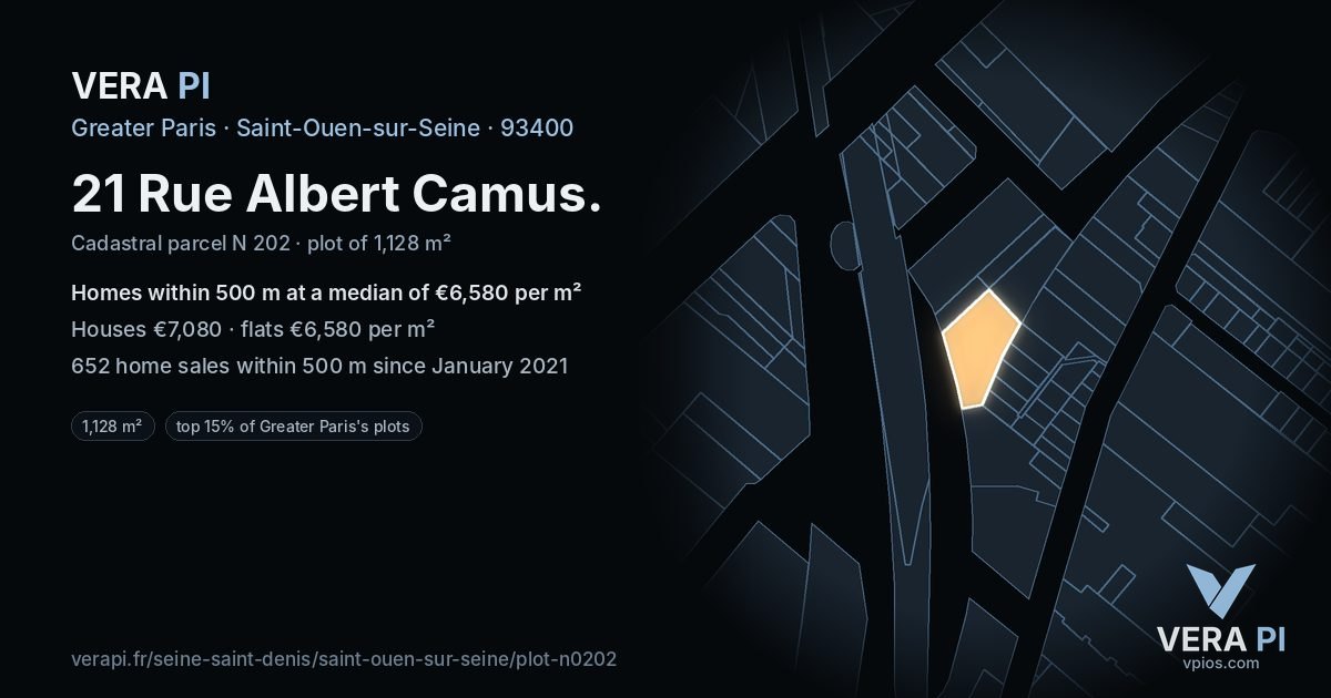 21 Rue Albert Camus, Saint-Ouen-sur-Seine at night – the plot lit, the parcels around coloured by the prices near them