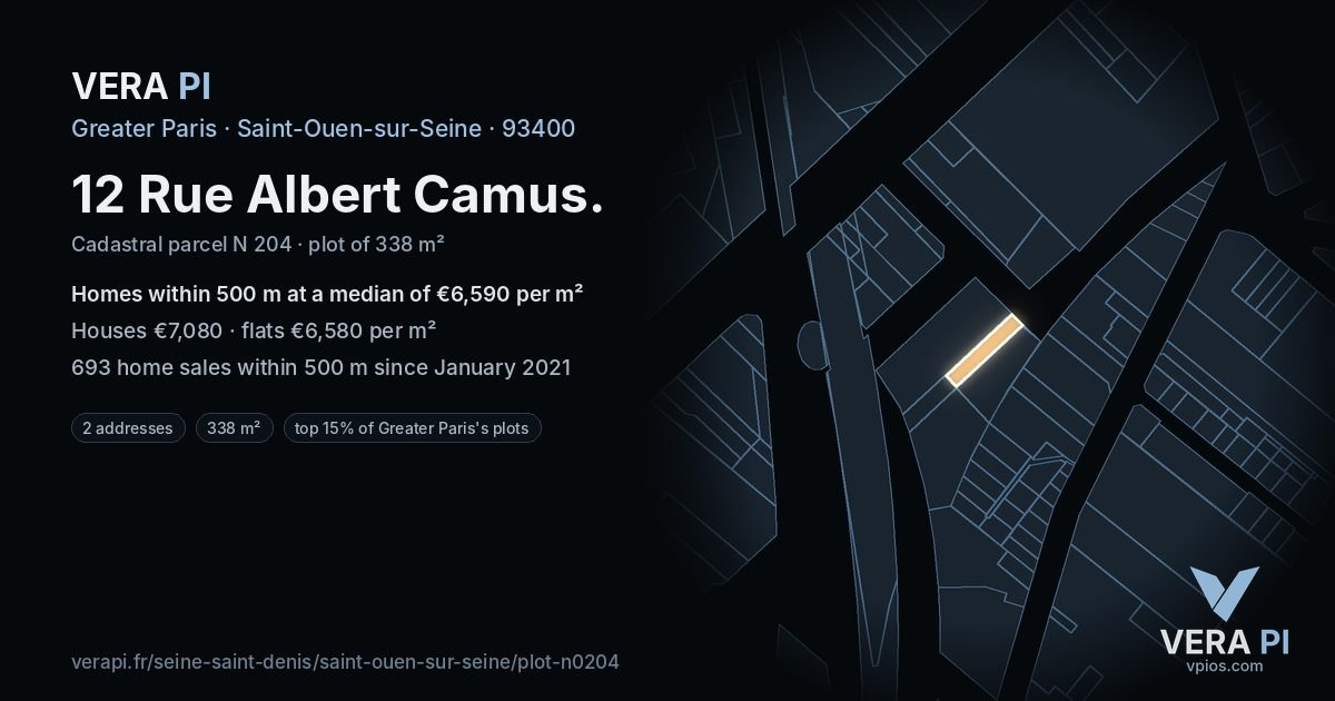 12 Rue Albert Camus, Saint-Ouen-sur-Seine at night – the plot lit, the parcels around coloured by the prices near them