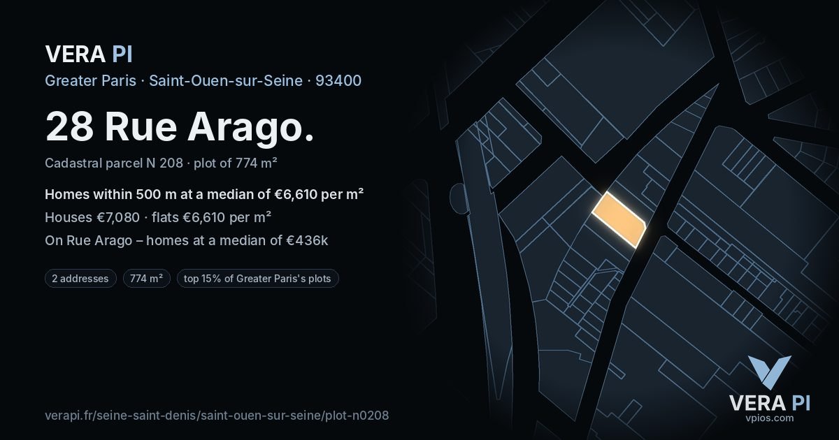 28 Rue Arago, Saint-Ouen-sur-Seine at night – the plot lit, the parcels around coloured by the prices near them