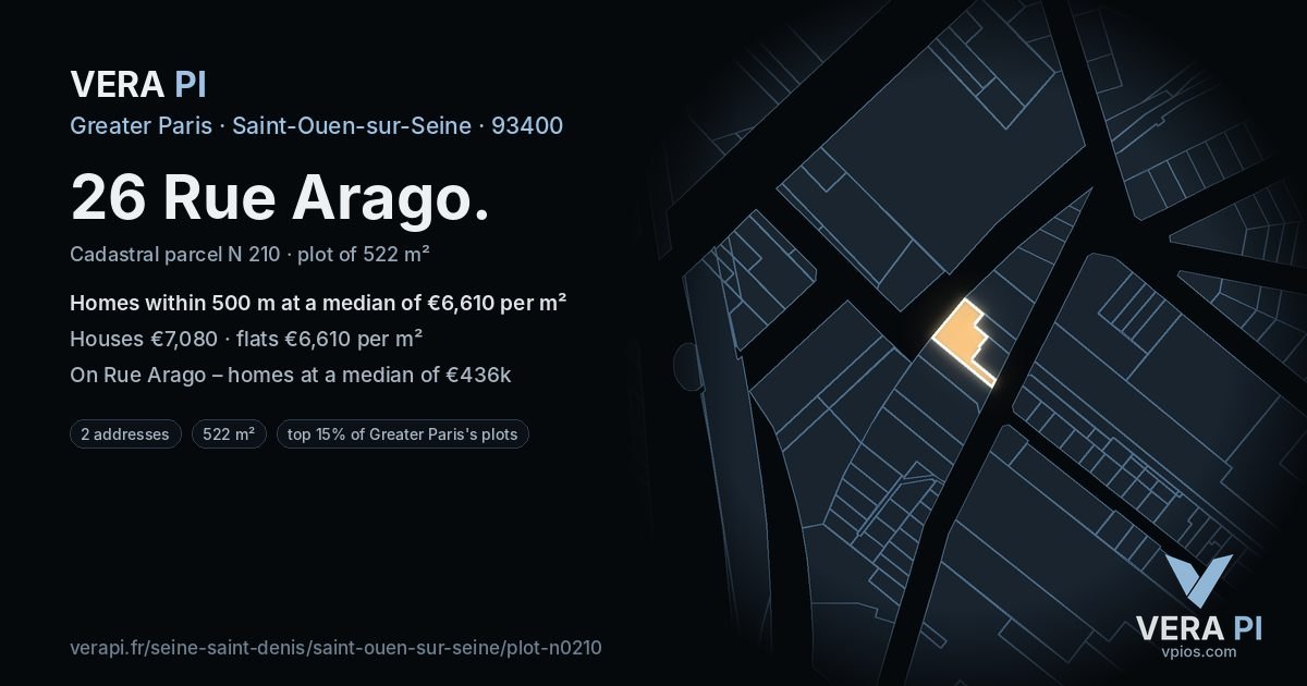 26 Rue Arago, Saint-Ouen-sur-Seine at night – the plot lit, the parcels around coloured by the prices near them