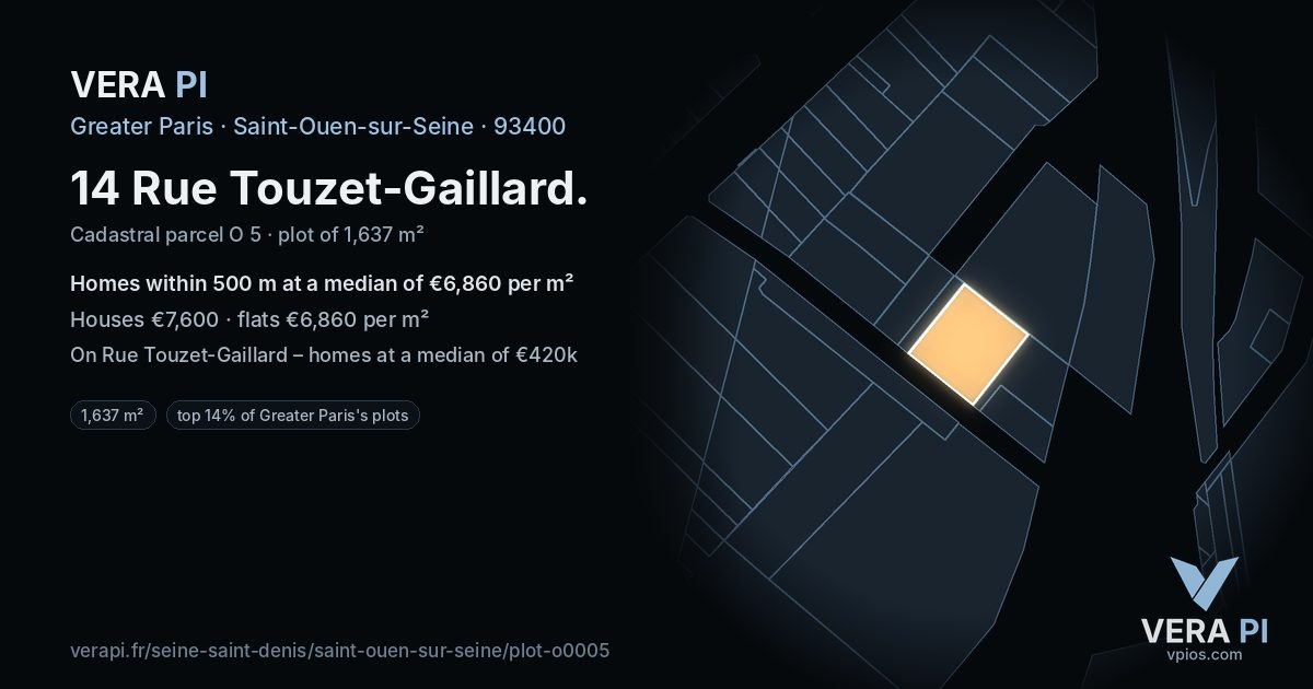14 Rue Touzet-Gaillard, Saint-Ouen-sur-Seine at night – the plot lit, the parcels around coloured by the prices near them