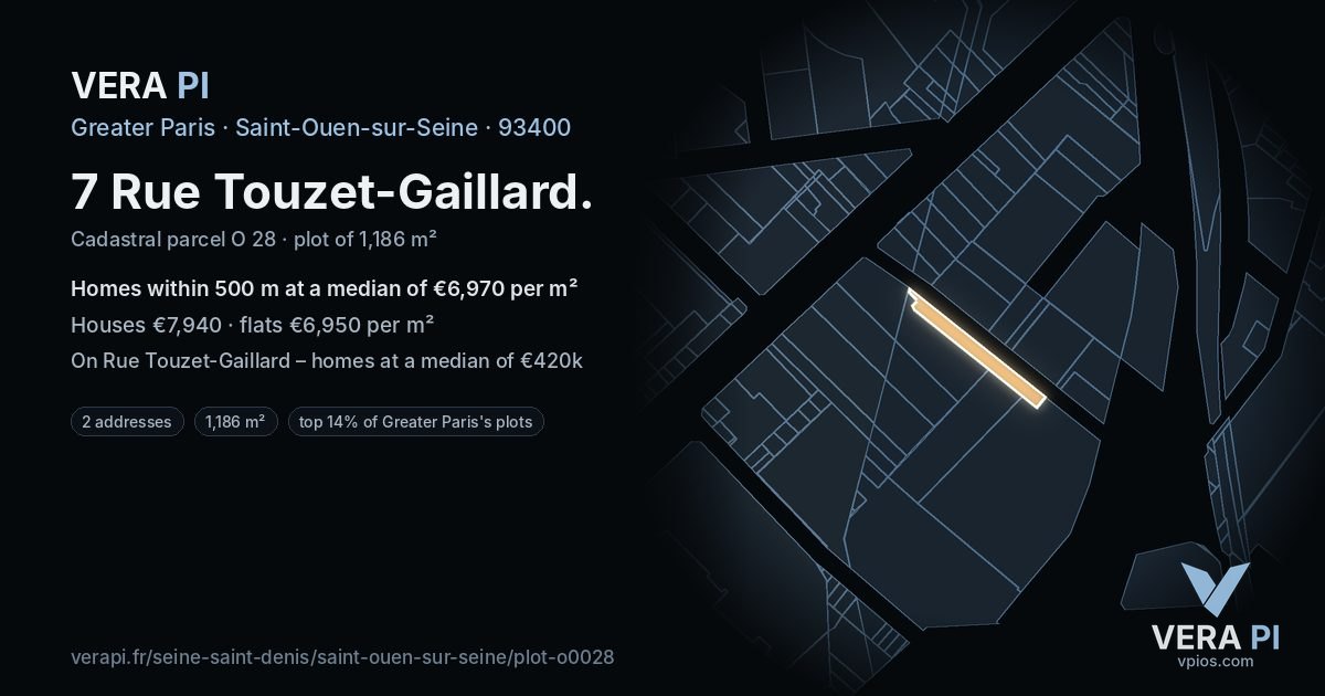 7 Rue Touzet-Gaillard, Saint-Ouen-sur-Seine at night – the plot lit, the parcels around coloured by the prices near them
