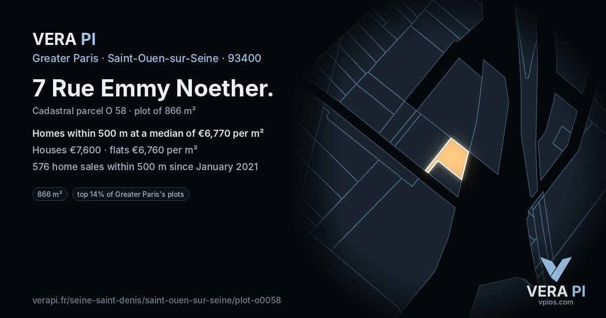 7 Rue Emmy Noether, Saint-Ouen-sur-Seine at night – the plot lit, the parcels around coloured by the prices near them