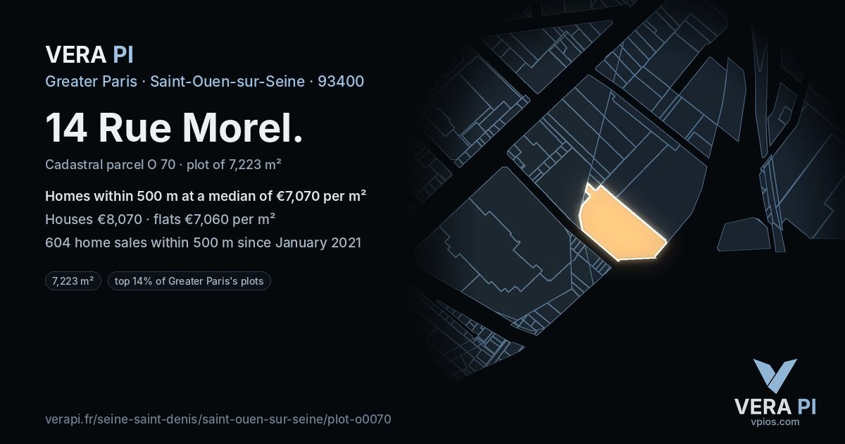 14 Rue Morel, Saint-Ouen-sur-Seine at night – the plot lit, the parcels around coloured by the prices near them