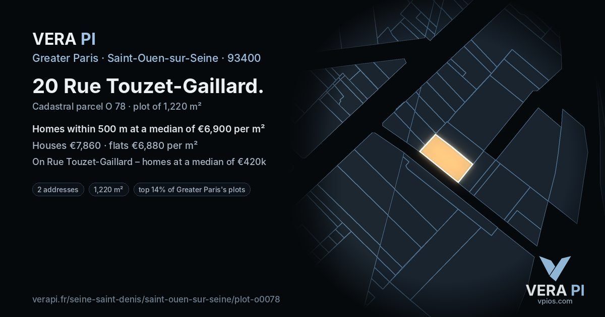 20 Rue Touzet-Gaillard, Saint-Ouen-sur-Seine at night – the plot lit, the parcels around coloured by the prices near them