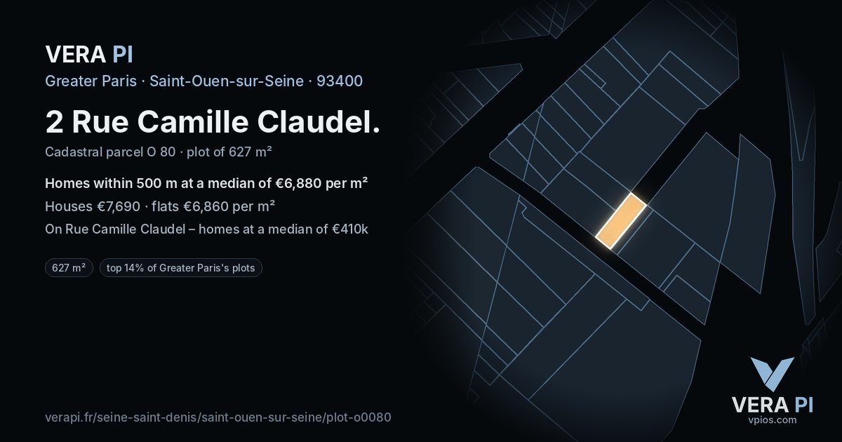 2 Rue Camille Claudel, Saint-Ouen-sur-Seine at night – the plot lit, the parcels around coloured by the prices near them