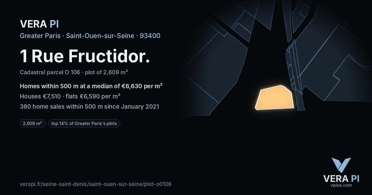 1 Rue Fructidor, Saint-Ouen-sur-Seine at night – the plot lit, the parcels around coloured by the prices near them