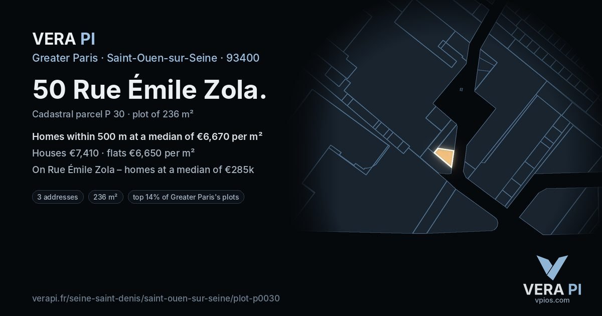 50 Rue Émile Zola, Saint-Ouen-sur-Seine at night – the plot lit, the parcels around coloured by the prices near them