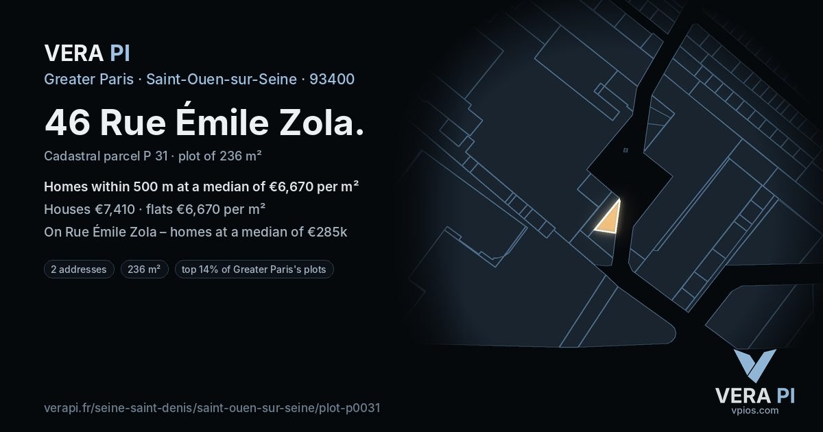 46 Rue Émile Zola, Saint-Ouen-sur-Seine at night – the plot lit, the parcels around coloured by the prices near them