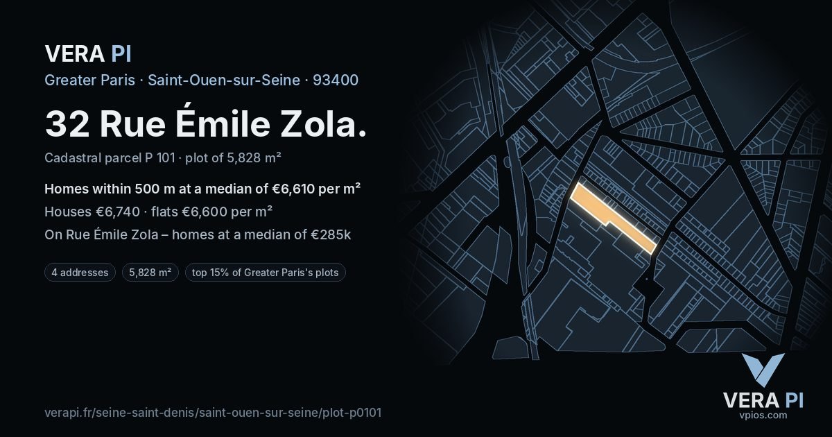32 Rue Émile Zola, Saint-Ouen-sur-Seine at night – the plot lit, the parcels around coloured by the prices near them