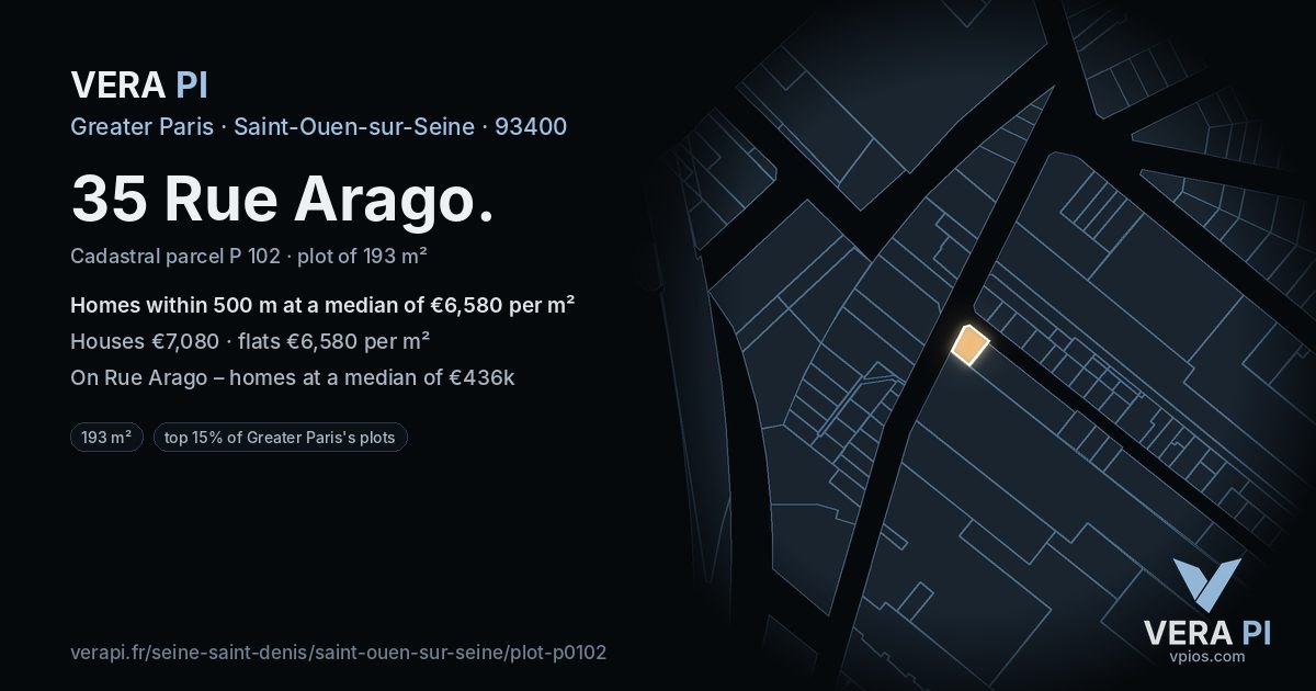 35 Rue Arago, Saint-Ouen-sur-Seine at night – the plot lit, the parcels around coloured by the prices near them